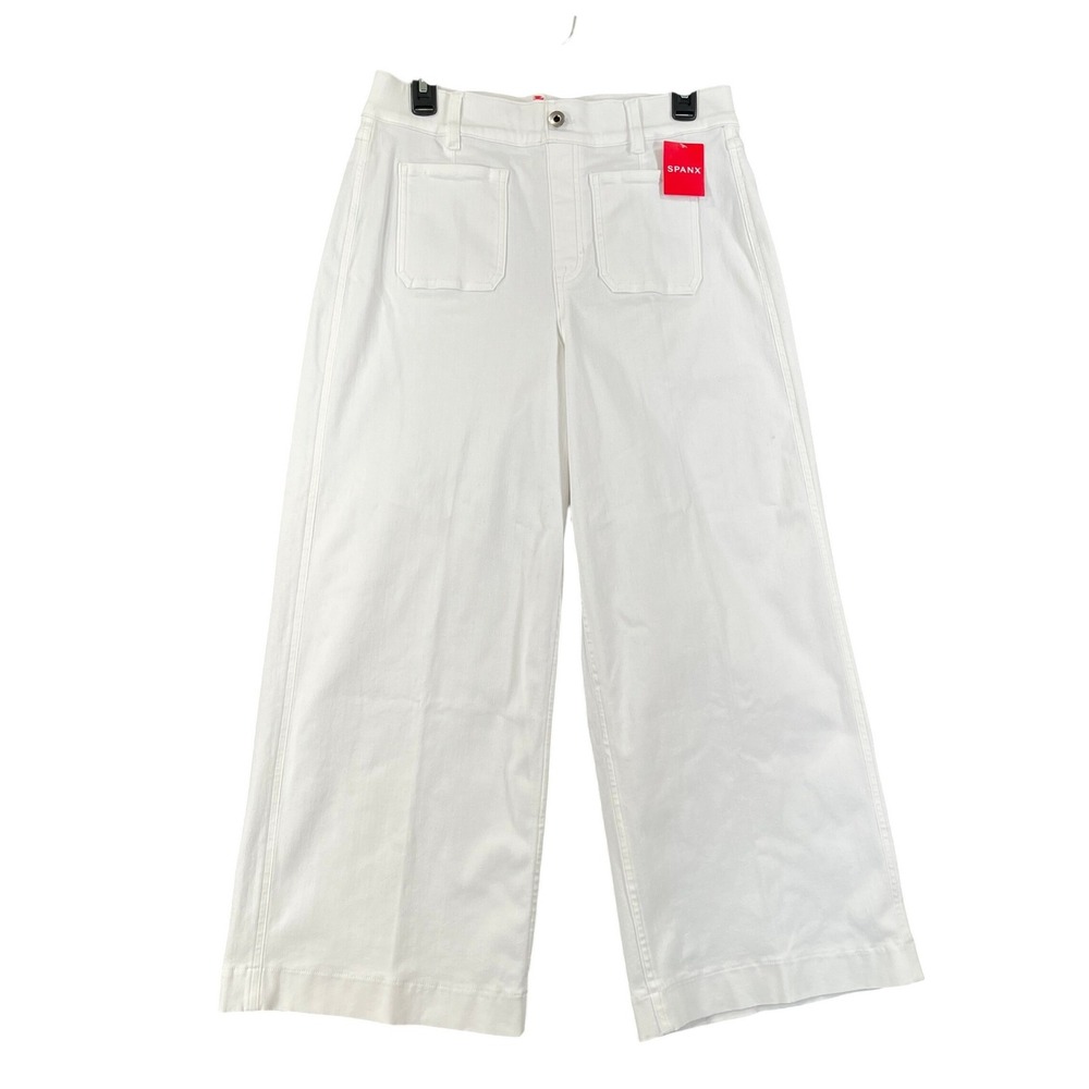 Spanx Cropped Jeans Womens L White Wide Leg Stretch Patch Pockets Summer NWT
